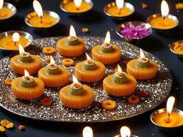 A Plate Of Small Cakes With Candles On It. AI Generated photo