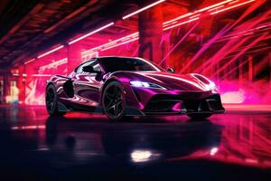 Modern sports car with neon lights. AI-Generated photo