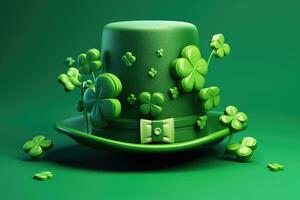 Illustration of Patrick's Day in a green hat with clover. AI generated photo