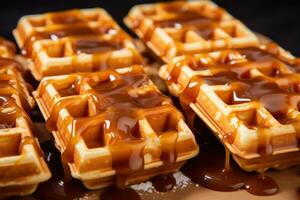 Viennese waffles with caramel syrup. AI Generated photo