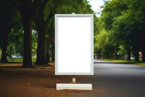 Layout of a white outdoor advertising poster in the park. AI generated photo