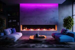 The interior of a modern living room with a fireplace and neon lighting. AI Generated photo