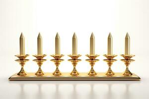 Burning minor candles in a golden candelabrum on a white background. AI-Generated photo