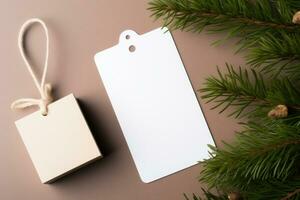 el diseño de el blanco tarjeta mentiras en el nuevo años mesa con el ramas de el Navidad árbol. ai generado foto