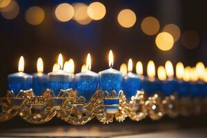 Close-up of a beautifully lit Hanukkah menorah. Hanukkah decoration with candles. AI Generated photo