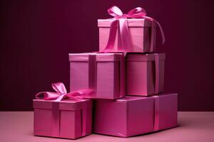 Set of pink gift boxes with ribbons. AI Generated photo