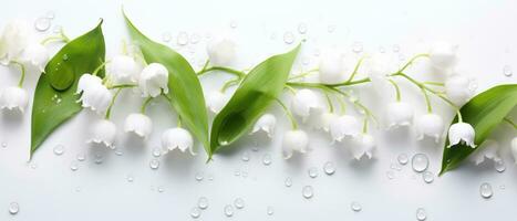 Banner with lily of the valley flowers in water drops. AI-Generated photo