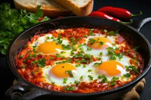 Shakshuka with tomatoes and green onions in a frying pan. AI-Generated photo