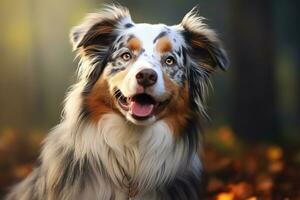 A dog of the Australian Shepherd breed sits in the park for a walk in the fall. AI-Generated photo