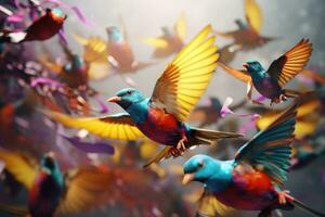 A group of colorful birds. AI generated photo