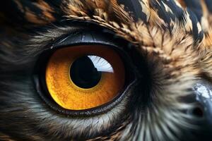 Owl's eye close-up, side view. AI Generated photo