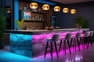 Modern kitchen with a bar counter and neon lighting. AI-Generated photo