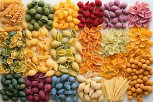 Different types of colored pasta. AI Generated photo