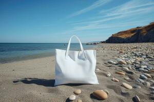 A white bag with handles stands on the beach on the sand. AI generated photo