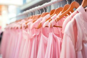 rosado vestidos son colgando en un percha en el almacenar. ai generado foto