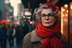 An aged woman in a red beret with a scarf in a coat walks around the Christmas city. AI-Generated photo