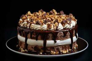 Round chocolate layer cake with nuts and chocolate icing. AI generated photo