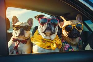 Traveling by car with three dogs French bulldogs in sunglasses look out of the car window. AI Generated photo