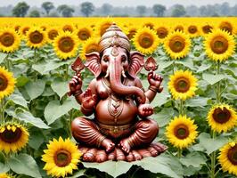 A Statue Of An Elephant In A Field Of Sunflowers. AI Generated photo