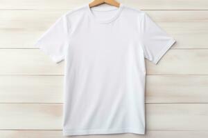 Mock-up of a white fabric T-shirt on a wooden background. AI-Generated photo