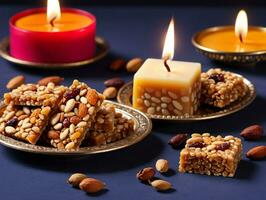 A Candle And Some Nuts On A Table. AI Generated photo