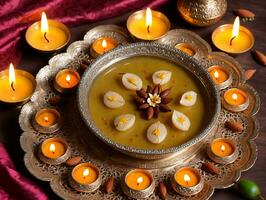 A Bowl Of Food With Candles And A Plate Of Food. AI Generated photo