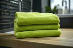 A set of folded green terry towels lies on a shelf. AI generated photo