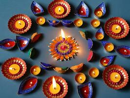 Diya Diya With Colorful Candles. AI Generated photo