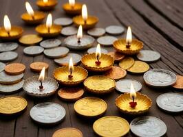 A Bunch Of Coins With Lit Candles On A Wooden Table. AI Generated photo