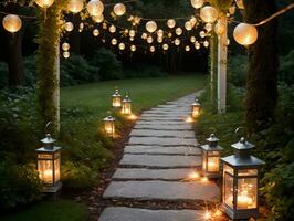 A Pathway With Lanterns And Lanterns Hanging From The Trees. AI Generated photo