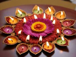 Diya Diya With Flowers And Candles. AI Generated photo