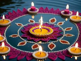 A Candle Floating In A Pond With Flowers. AI Generated photo