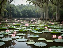 A Pond Filled With Water Lilies. AI Generated photo