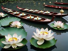 un fila de barcos flotante en un lago. ai generado foto