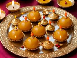 A Plate Of Small Candles And Small Diyas. AI Generated photo