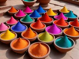 Colorful Powders In Clay Pots. AI Generated photo