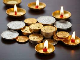 A Pile Of Coins With A Lit Candle. AI Generated photo