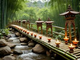 Bamboo Bridge Over A Stream. AI Generated photo