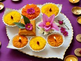 un plato con flores y velas en él. ai generado foto