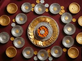 A Plate With A Bowl Of Gold And Silver Coins. AI Generated photo