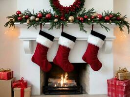 A Christmas Fireplace With Stockings And Stockings Hanging On It. AI Generated photo