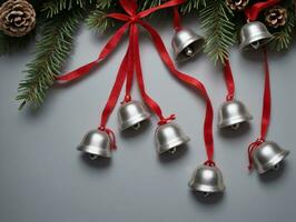 Christmas Bells With Red Ribbon And Pine Cones. AI Generated photo