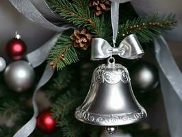 A Silver Bell Hanging On A Christmas Tree. AI Generated photo