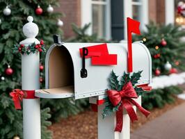A White Mailbox With A Red Bow And A Red Bow. AI Generated photo