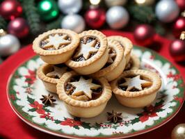 A Plate Of Mini Pies With A Christmas Tree In The Background. AI Generated photo