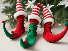 un par de duende botas sentado siguiente a un Navidad árbol. ai generado foto