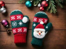 Christmas Mits With Snowman And Christmas Tree Decorations. AI Generated photo