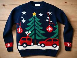 A Christmas Sweater With A Tree And Cars On It. AI Generated photo