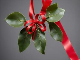 A Red Ribbon Tied To A Green Leaf. AI Generated photo