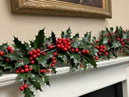 A Christmas Garland With Holly And Red Berries. AI Generated photo